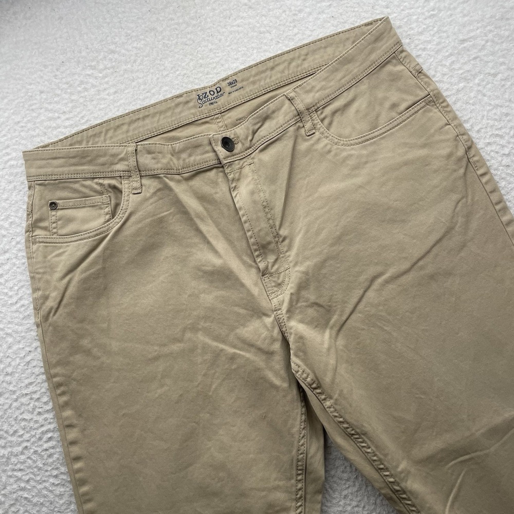 Izod‎ Saltwater Pants Mens 38x27.5 (Tag 36x29) Beige Tan Chino Stretch 5 Pocket